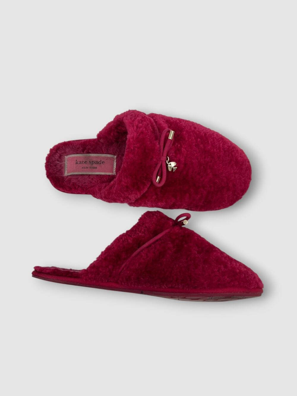 Kate Spade New York Faux Fur Scuff Mule Slippers Bow Spade Charm Size 8